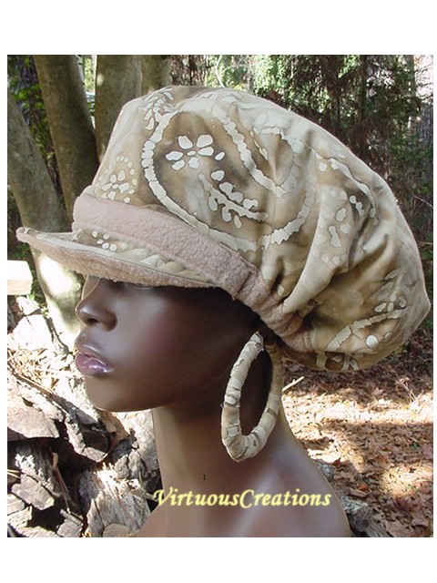Billed Hat-Tan-Brn & Tan Batik-Reversible w/Matching Earrings