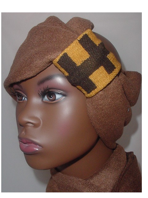 Fleece Turban/Band w/Scarf-Brown w/Mudcloth