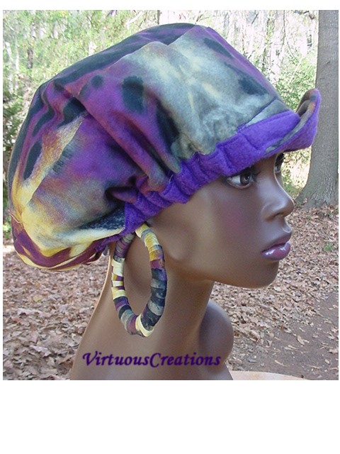 Billed Hat-Fleece-Reversible-Purple w/Tie Dye Print-Matching Earrings