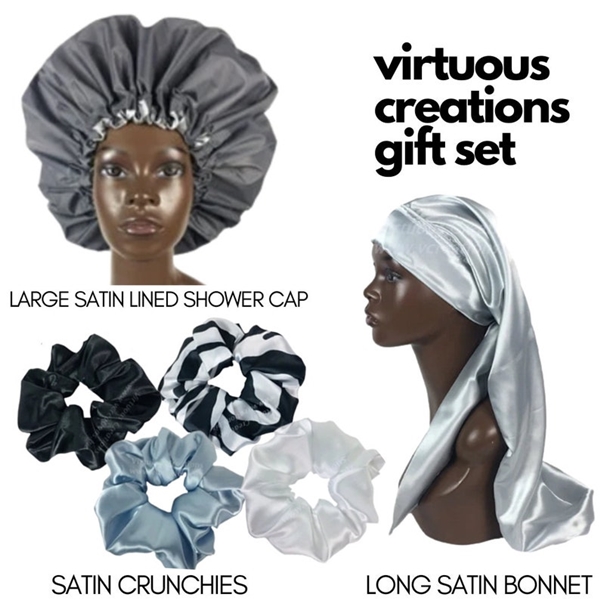 Gift Set -Long Satin Bonnet, Jumbo Shower Cap & Scrunchies (Silver, Gray, Grey, Black And White)
