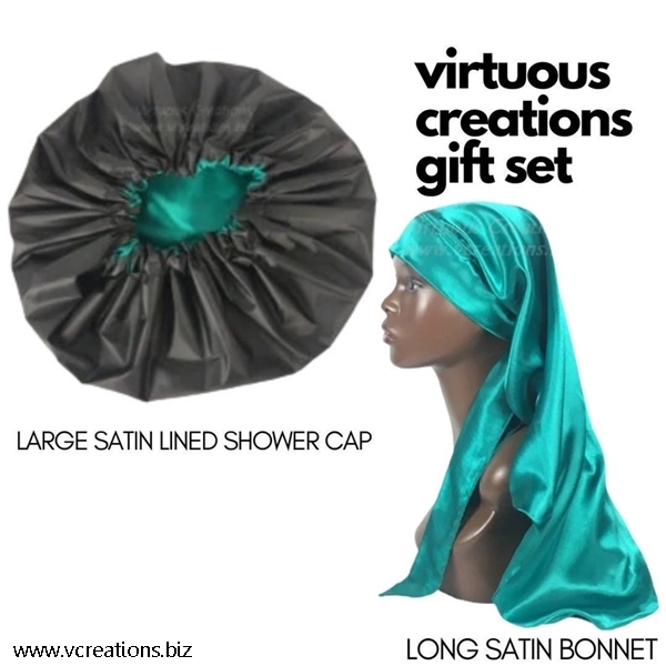 Gift Set-Long Bonnet And Shower Cap (Teal And Black)