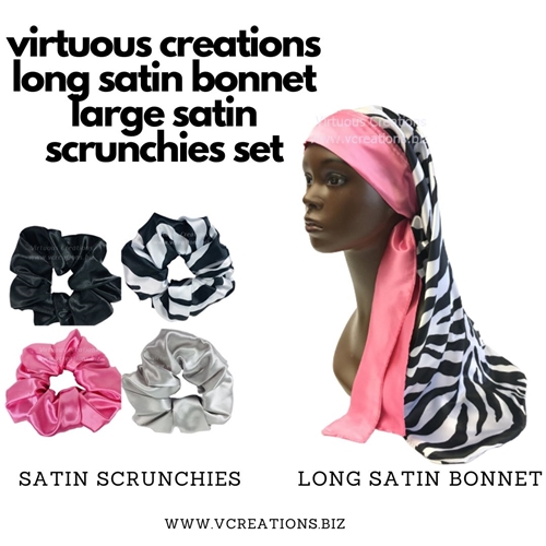 Gift Set -Long Satin Bonnet And Scrunchies (Zebra White, Black And Hot Pink Fuchsia)