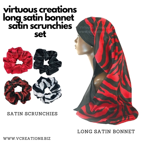 Gift Set -Long Satin Bonnet And Scrunchies (Zebra Red And Black)