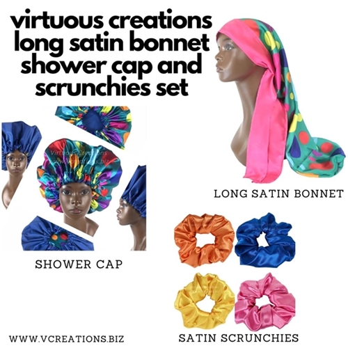Gift Set -Long Satin Bonnet, Jumbo Shower Cap & Scrunchies (Polka Dot Teal)