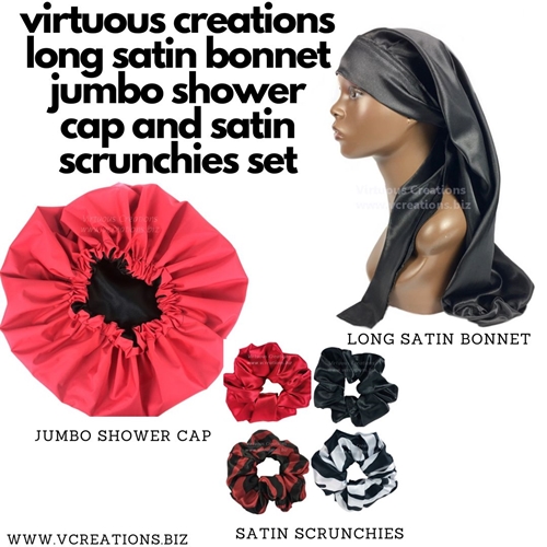 Gift Set -Long Satin Bonnet, Jumbo Shower Cap & Scrunchies (Red And Black)