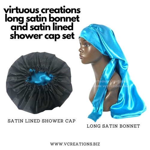 Gift Set-Long Bonnet And Shower Cap (Blue And Black)
