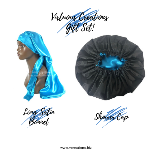 Gift Set-Long Bonnet And Shower Cap (Blue And Black)