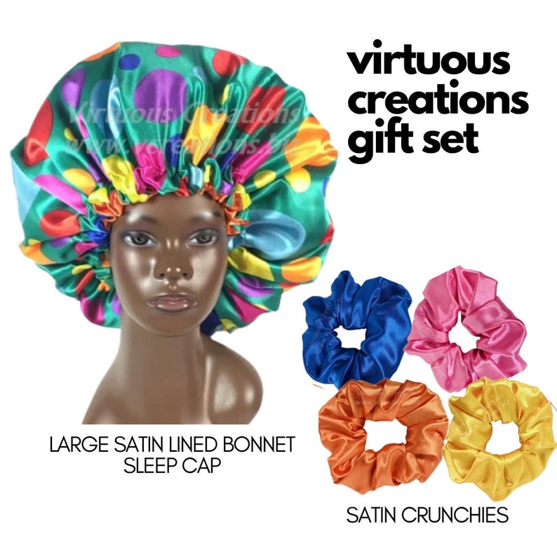 Gift Set-Reversible Satin Bonnet And Scrunchies (Polka Dots-Multi Teal)