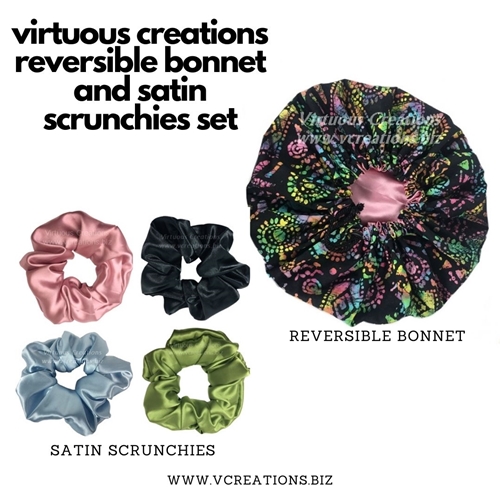 Gift Set-Satin Lined Bonnet And Scrunchies (Batik-Black Multi-Colored)