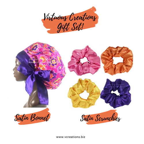 Gift Set-Satin Bonnet and Scrunchies (Floral-Fuchsia Multi-Colored)