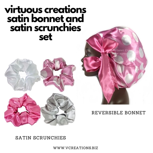 Gift Set- Satin Bonnet And Scrunchies (Polka Dot Pink And White)