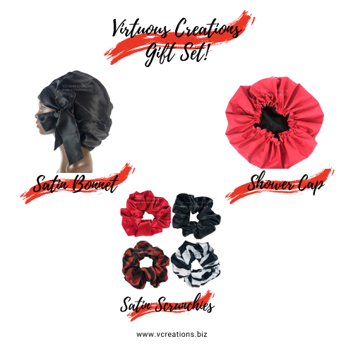 Gift Set -Satin Bonnet, Jumbo Shower Cap & Scrunchies (Black and Red)