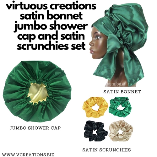 Gift Set -Satin Bonnet, Jumbo Shower Cap & Scrunchies (Green And Yellow)
