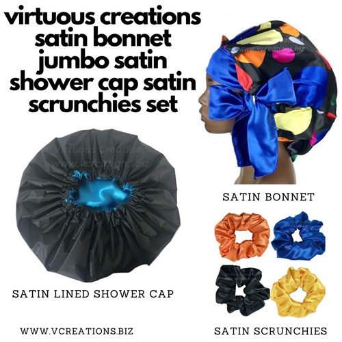 Gift Set-Satin Bonnet, Shower Cap & Scrunchies (Polka Dots-Black-Multi-Colored)