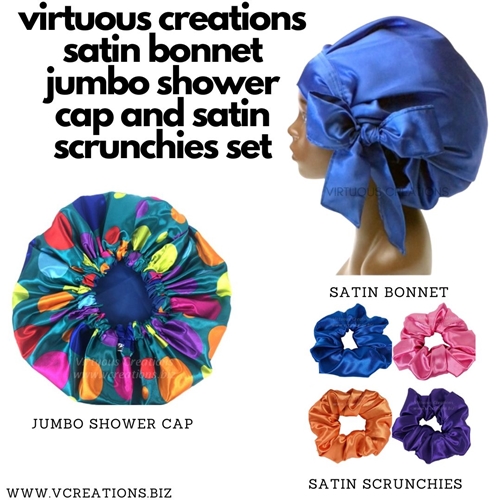 Gift Set -Long Satin Bonnet, Jumbo Shower Cap & Scrunchies (Polka Dot Teal And Sapphire Blue)