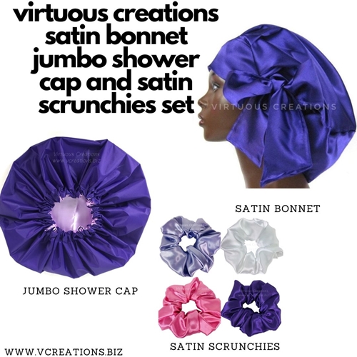 Gift Set -Satin Bonnet, Jumbo Shower Cap & Scrunchies (Purple and Lavender)