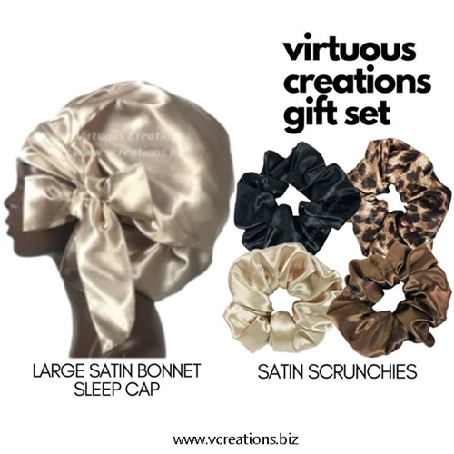 Gift Set-Satin Bonnet and Scrunchies (Taupe And Cheetah)