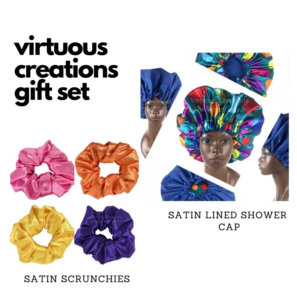 Gift Set-Shower Cap And Scrunchies (Polka Dots-Multi-Colored Blue)