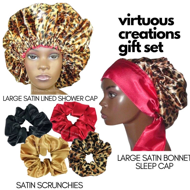Gift Set -Satin Bonnet, Jumbo Shower Cap & Scrunchies (Cheetah Red)