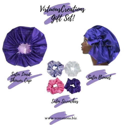 Gift Set -Satin Bonnet, Shower Cap & Scrunchies (Purple and Lavender)