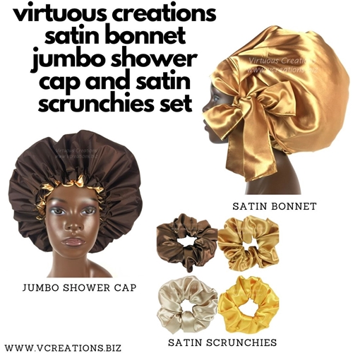 Gift Set-Satin Bonnet, Shower Cap & Scrunchies (Brown & Gold)