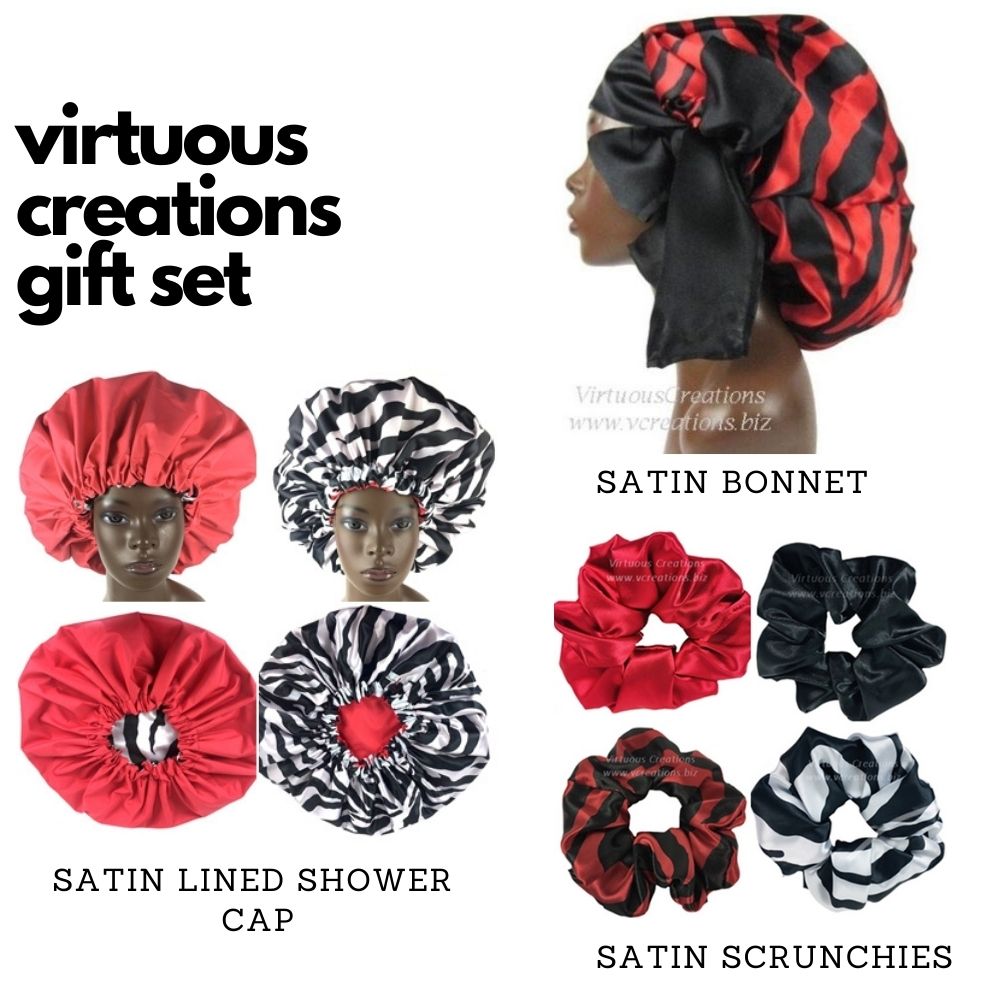 Gift Set-Satin Bonnet, Shower Cap & Scrunchies (Zebra-Red & Black )
