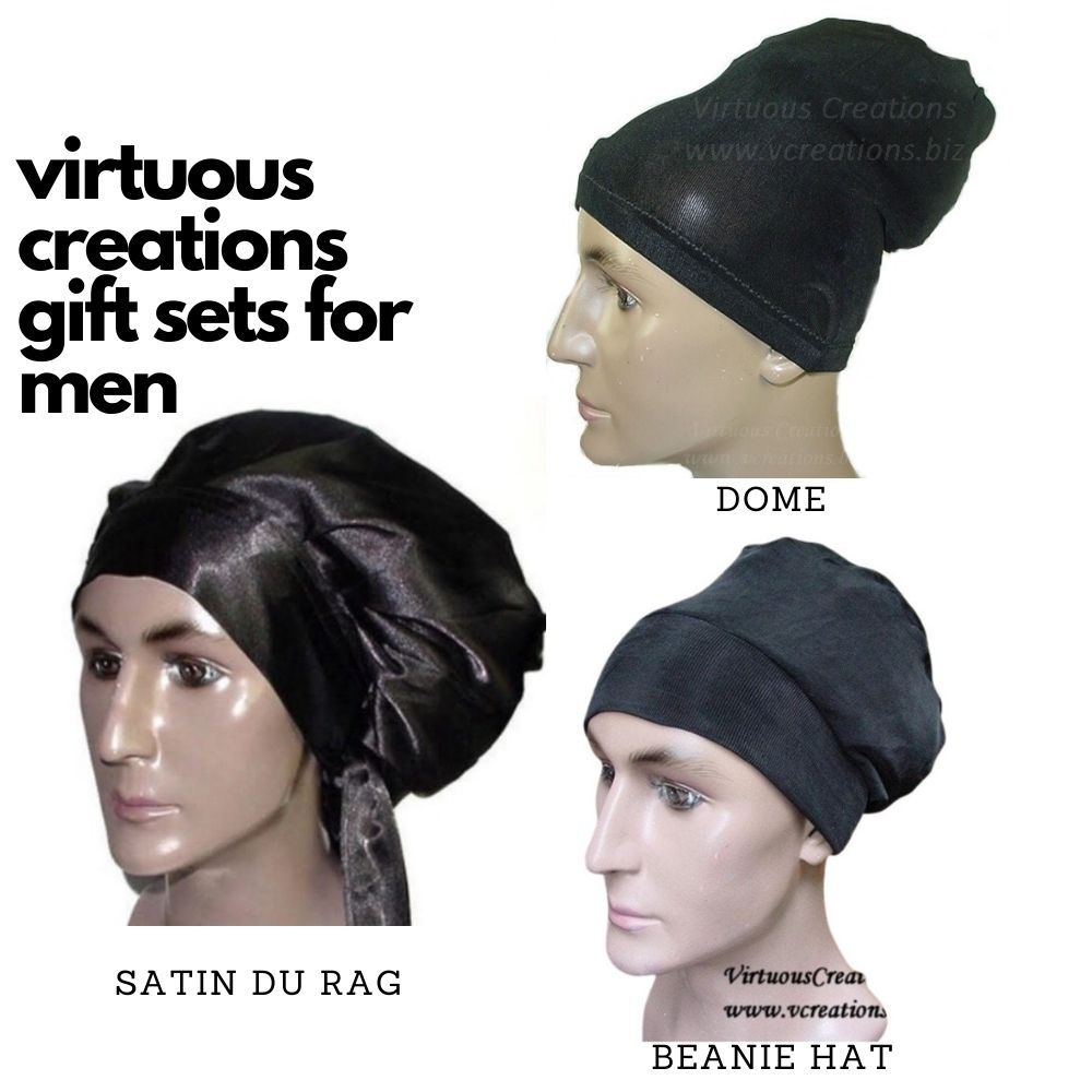 Gift Set Men's Satin DuRag, Beanie/Crown Hat And Dome Hat- Black