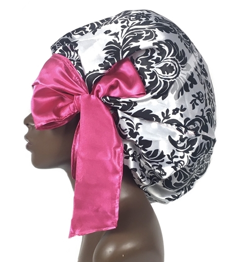 Satin Bonnet, Single Layered, (Damask-Silver and Black with Red), Satin Sleep Bonnet