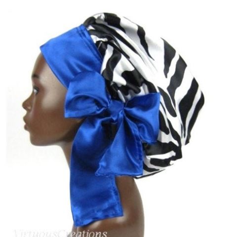 Satin Bonnet, Single Layered, (Zebra Black And White with Sapphire Blue), Satin Sleep Bonnet