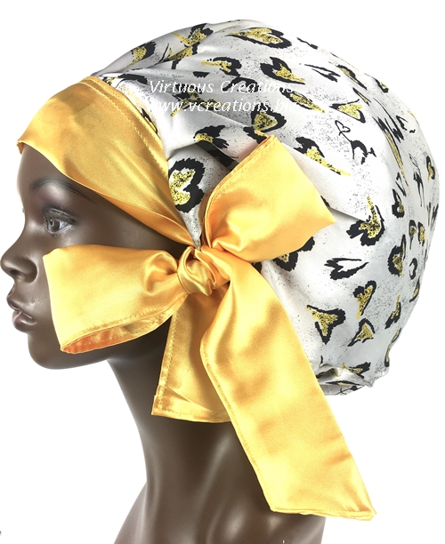 Satin Bonnet (Hearts-Yellow-Black) Satin Sleep Bonnet