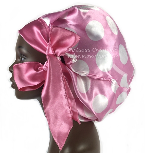 Satin Bonnet, Single Layered, (Polka Dots Pink & White), Satin Sleep Bonnet