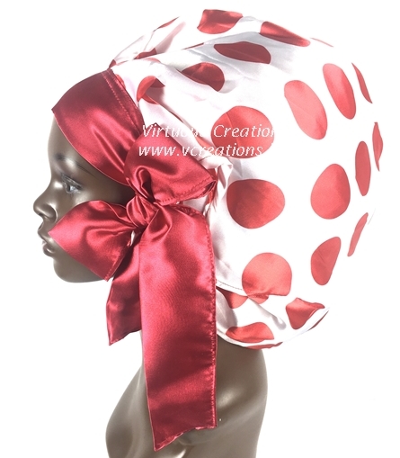 Satin Bonnet, Single Layered, (Polka Dots- White with Red), Satin Sleep Bonnet
