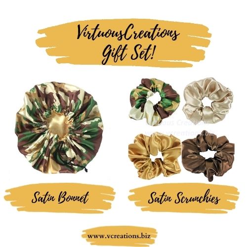 Gift Set-Reversible Satin Bonnet And Scrunchies (Camouflage)