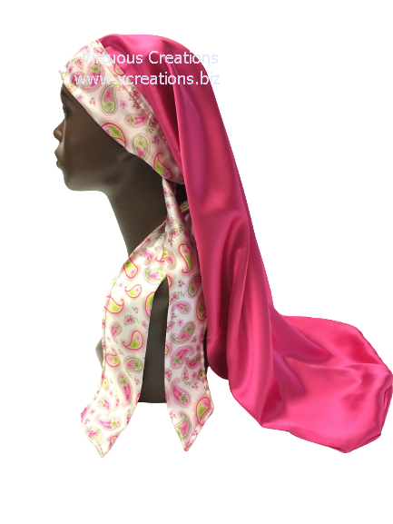 Extra Long Satin Braid Locs Bonnet Sleep Cap With Ties (Pink Fuchsia And Paisley)