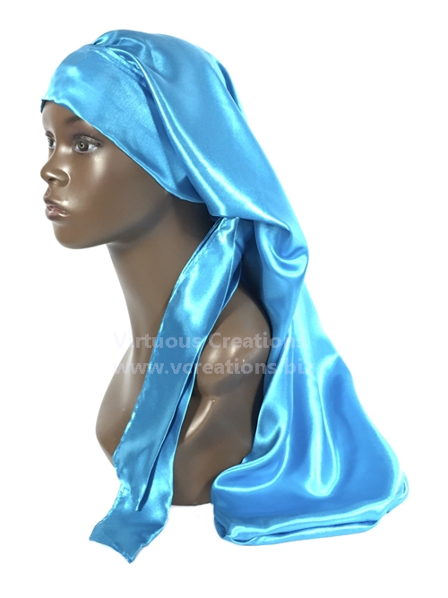 Extra Long Single Layered Satin Bonnet With Ties-Stays On Your Head (Turquoise Blue)