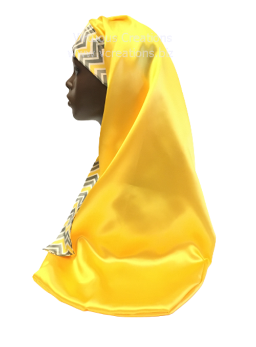 Extra Long Satin Braid Locs Bonnet Sleep Cap With Ties (Yellow With White, Gray And Silver )