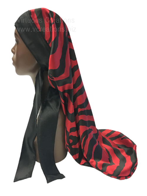 Extra Long Satin Braid Locs Bonnet Sleep Cap With Ties (Zebra Red & Black)