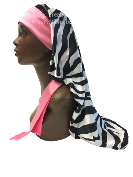 Extra Long Satin Braid Locs Bonnet Sleep Cap With Ties (Zebra-Black And White With Pink)