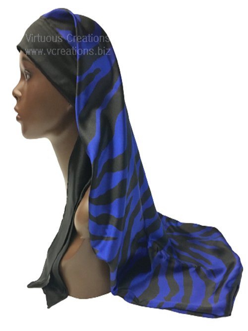 Extra Long Satin Braid Locs Bonnet Sleep Cap With Ties (Zebra Blue & Black)