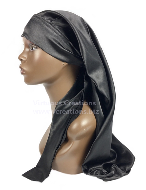 Extra Long Single Layered Satin Bonnet With Ties-Stays On Your Head (Black)