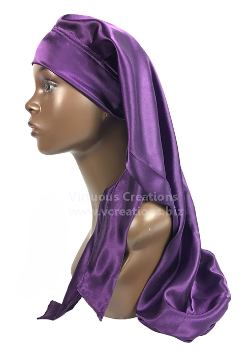 Extra Long Satin Braid Locs Bonnet Sleep Cap With Ties (Purple)