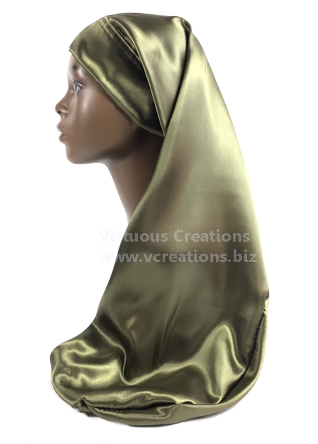 Extra Long Single Layered Satin Bonnet With Ties-Stays On Your Head (Olive Green)