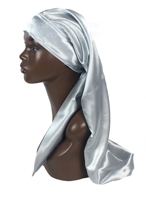 Extra Long Single Layered Satin Bonnet With Ties-Stays On Your Head (Silver-Gray)