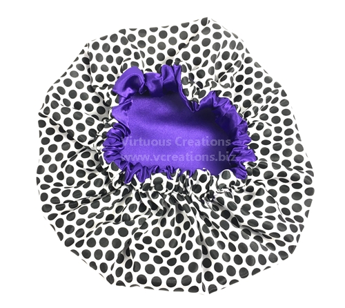 Satin Bonnet-Reversible (Teenagers) Polka Dots, Black/White with Purple